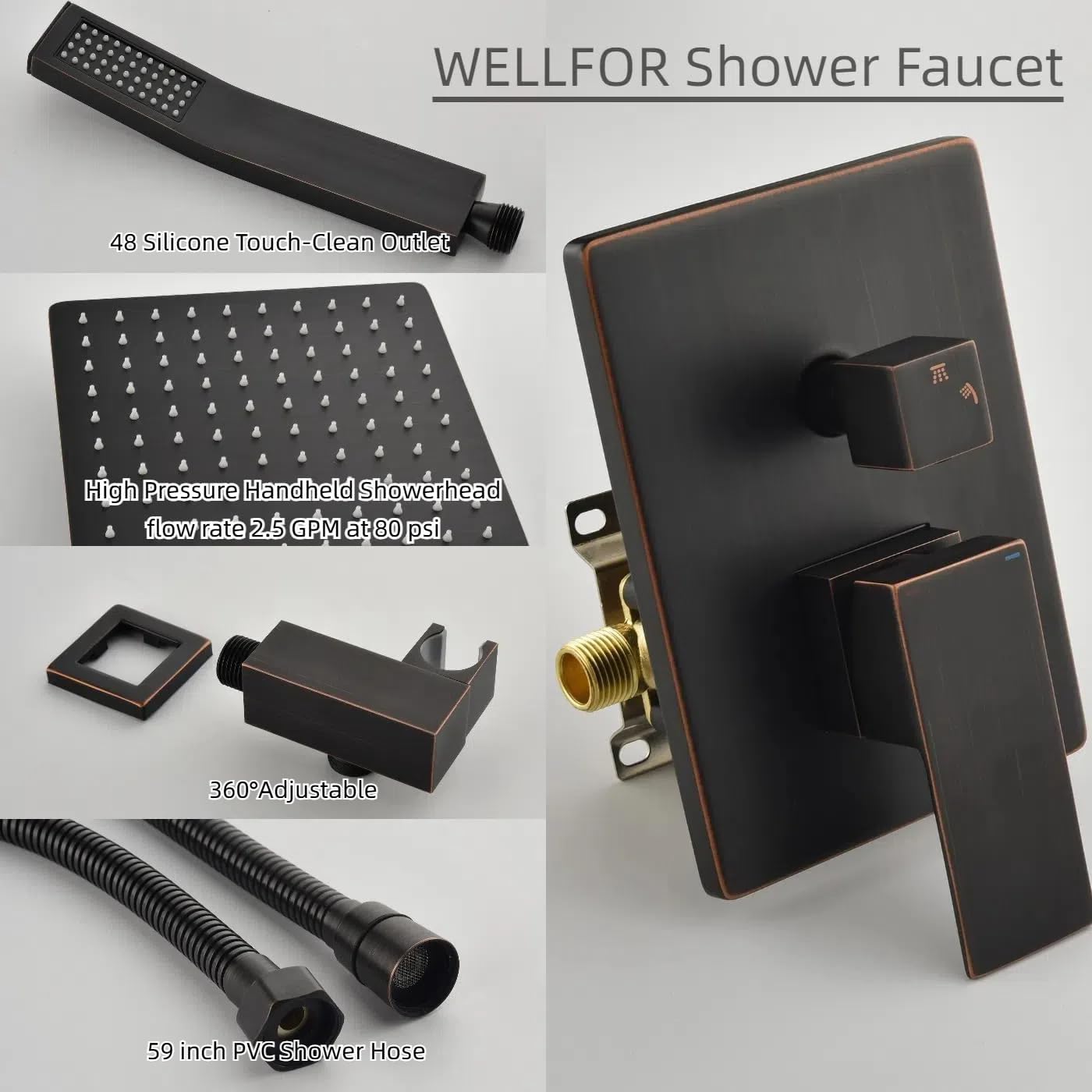 WELLFOR10-in Wall Mounted Shower Faucet Set Dual Head Built-In Shower Faucet System, 2.5 GPM, Bathroom Shower Faucets Sets Complete with 2-way Diverter & Pressure-balanced Valve, Oil-Rubbed Bronze