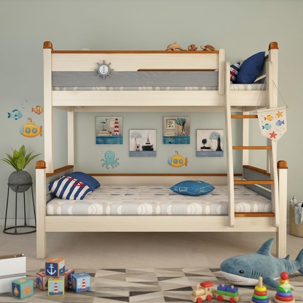 Furniva Luxury Series Kids Premium Bunk Bed | Highly Durable Solid Oak Wood | Secured Guardrails | Duco Paint Ultra Smooth Finishing | Marine Themed | 2 Year Warranty