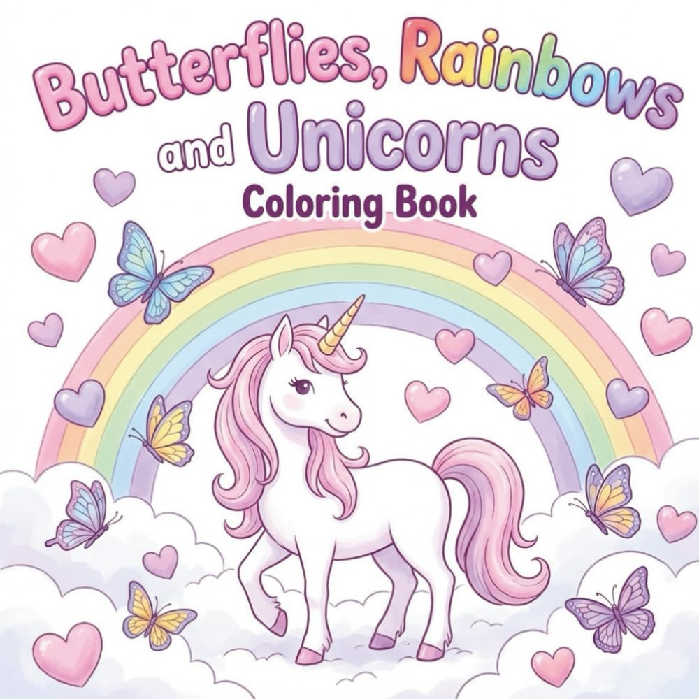 Butterflies, Rainbows & Unicorns Coloring Book for Kids & Adults: 24 Single-Sided Pages, No Bleed-Through, Perfect Gift for Relaxation & Creativity