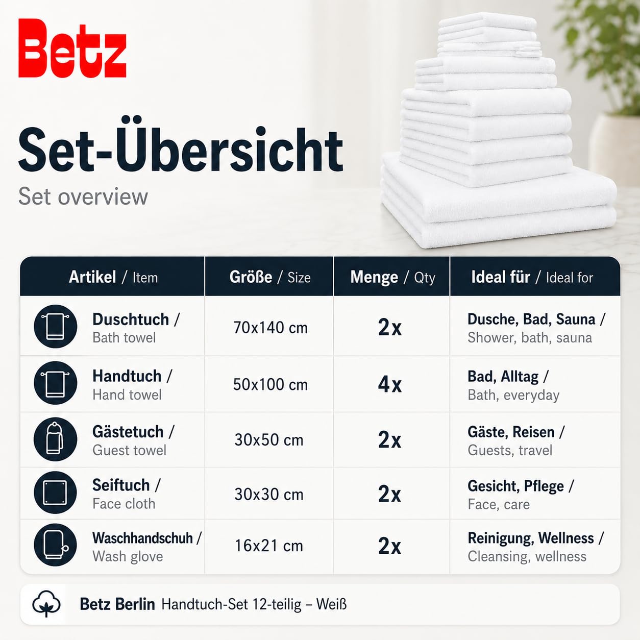 Betz Berlin Handtuch-Set 12-teilig 100% Baumwolle Oeko-TEX Zertifiziert extra saugfähig weich hohe Grammatur Weiß