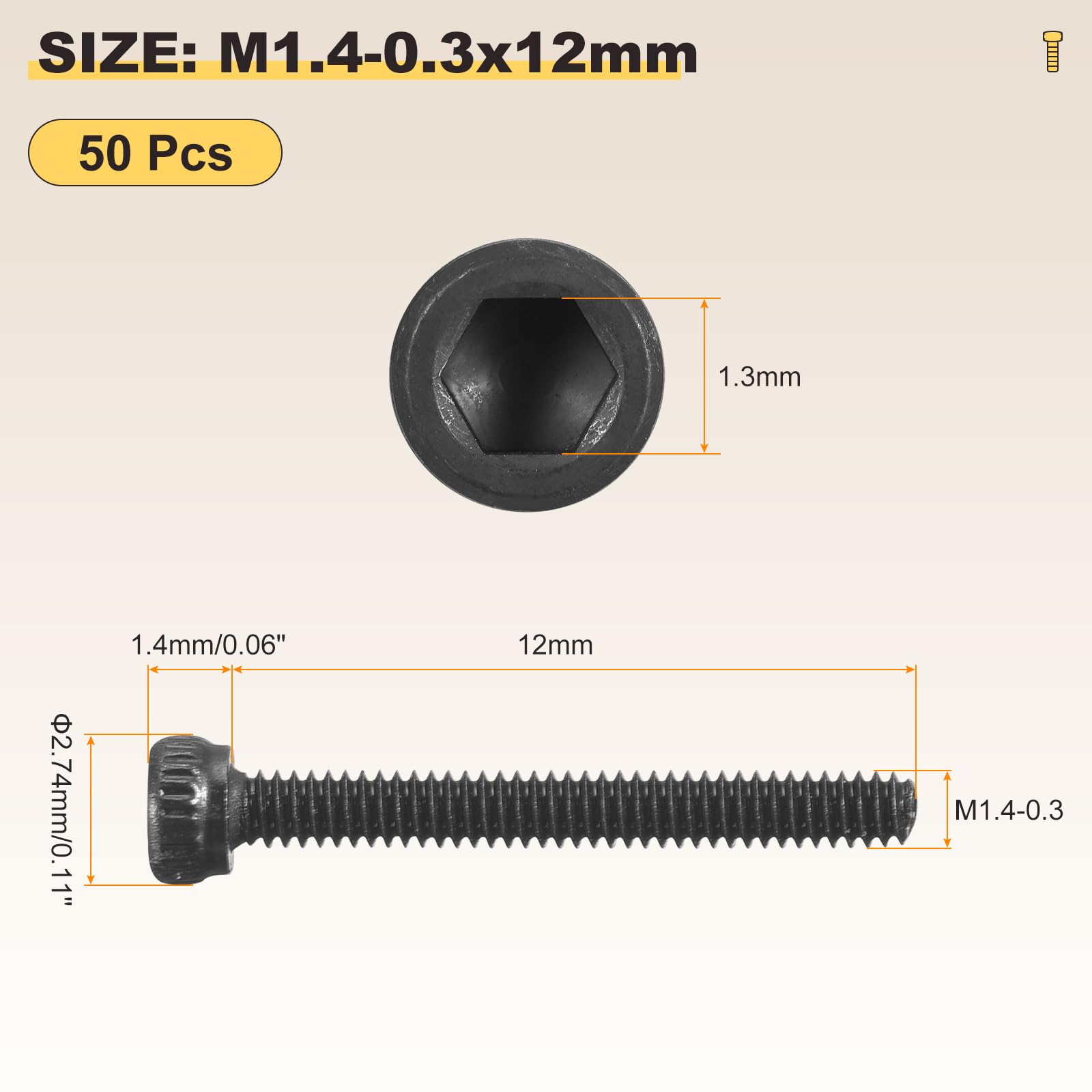 METALLIXITY Socket Head Cap Screws(M1.4-0.3x12mm)50Pcs, Carbon Steel Allen Socket Drive DIN912/ISO4762 Metric Oxide - Image 2