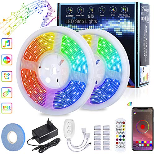 Tiras LED 10M, RGB 5050 Bluetooth Smart led strip, IP65 a prueba de agua banda led?Con control remoto IR de 24 teclas y control de APP Para cocina, TV y fiesta[Clase energética A ++]