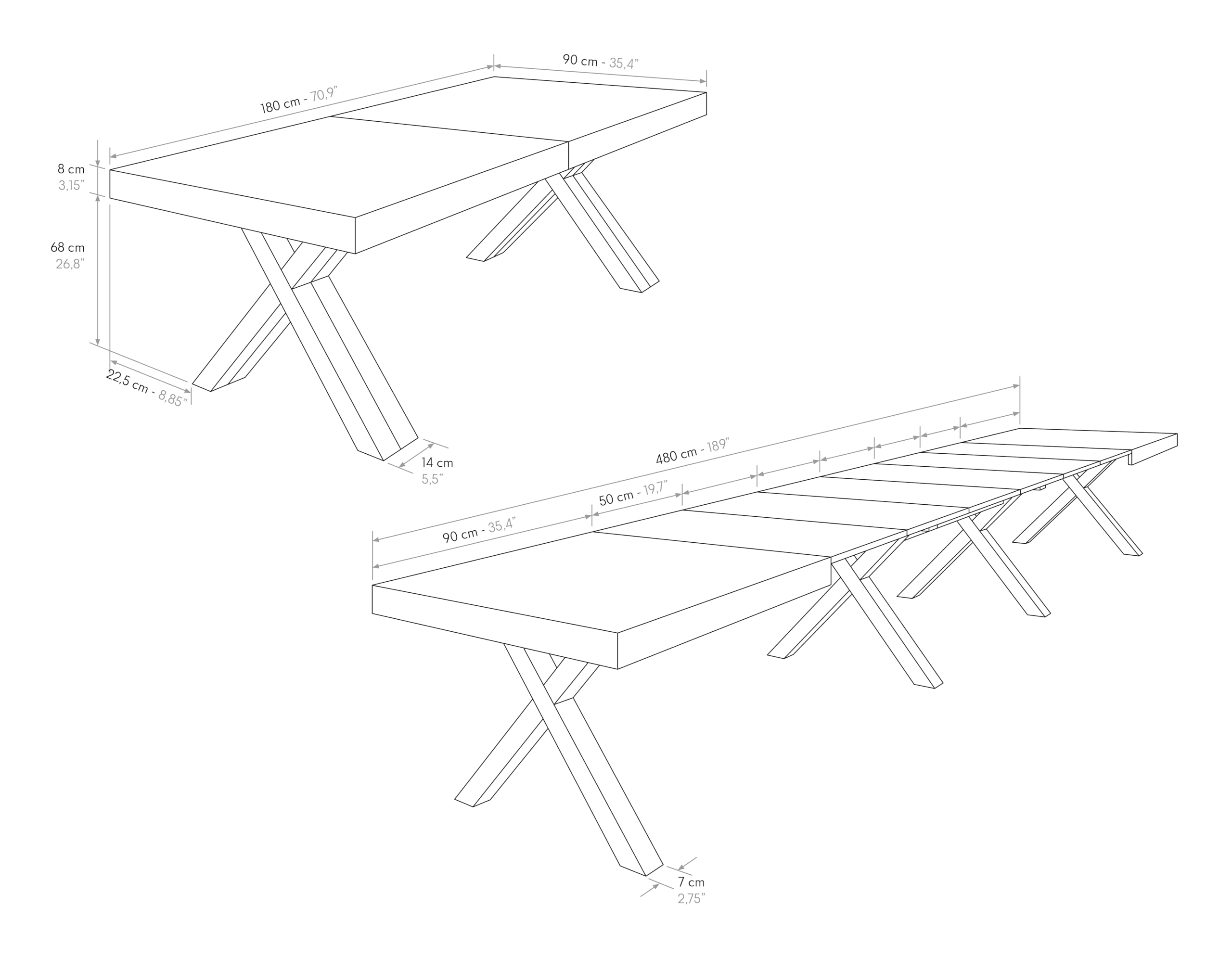 PAZZO DESIGN Tavolo Allungabile Roberta, Tavolo Soggiorno, Tavolo Cucina, Rovere Rustico, Gambe Incrociate Nere a X, Da 180 a 480 cm, Made in Italy - id_2005