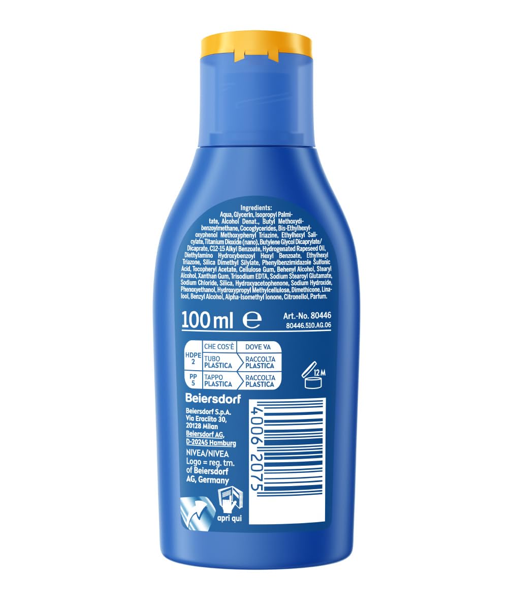 NIVEA SUN Protect & Hydrate SPF 50+ Travel Format 100 ml, krem przeciwsłoneczny 50+ szybko wchłaniający się nawilżający 48h, wodoodporny krem przeciwsłoneczny 50+ z witaminą C i kwasem hialuronowym
