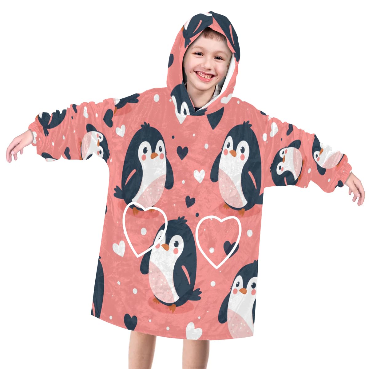 Wearable Blanket Hoodie for Kids, Cute Penguins Fleece Sweatshirt Blanket Oversized Blanket Sweatshirt with Pocket Flannel Warm Hooded Blanket 6-10 Year Old Girl Boy Gift, One Size