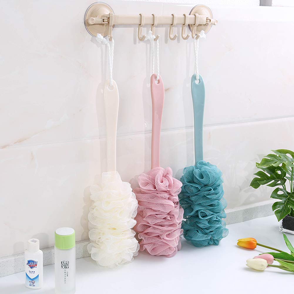 Lufa - Scrubber posteriore per doccia con manico lungo, spazzola per doccia in spugna da bagno, morbida rete di nylon, spazzola da bagno per donne e uomini, accessori da bagno (3 pezzi, bianco)