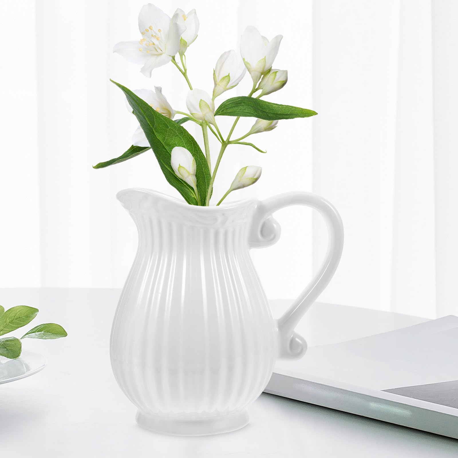 2 Piezas Jarrón de Cerámica Estilo Retro Asa, Blanco, para Flores