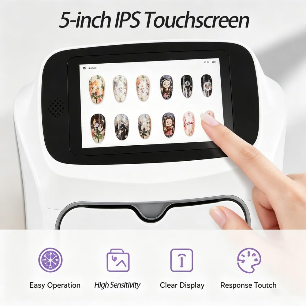 Imprimante d'art D'ongle, Imprimante Numérique D'ongle avec Écran Tactile de 5 Pouces, Précision de 4800 Dpi, Prise en Charge WiFi/Bricolage, Capteur de Reconnaissance Intelligent, Machine