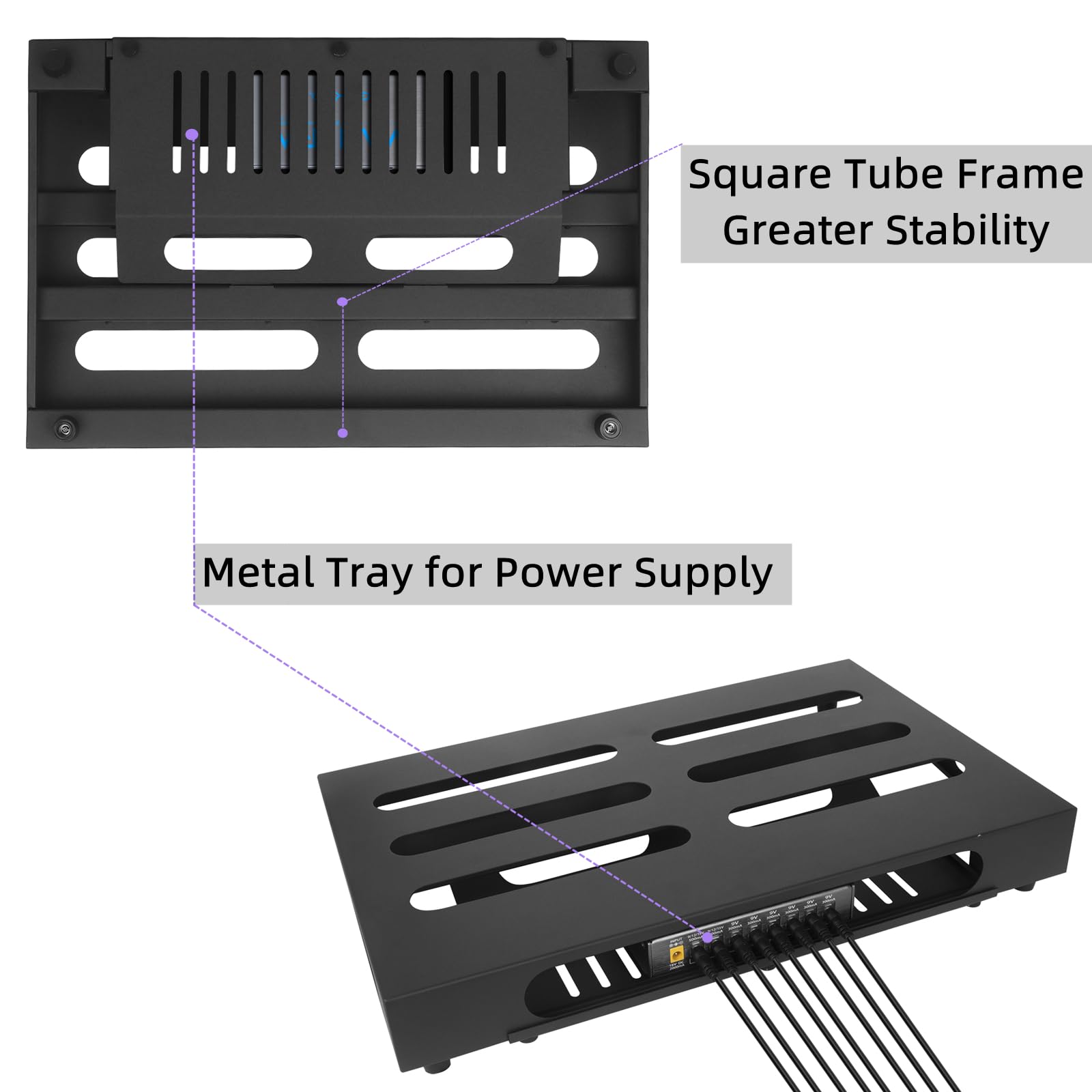 45,7 x 30 cm Gitarren-Pedalboard mit Netzteilablage | Inklusive Tragetasche und Montagebändern, Netzteil-Aufbewahrung, Stahlmaterial