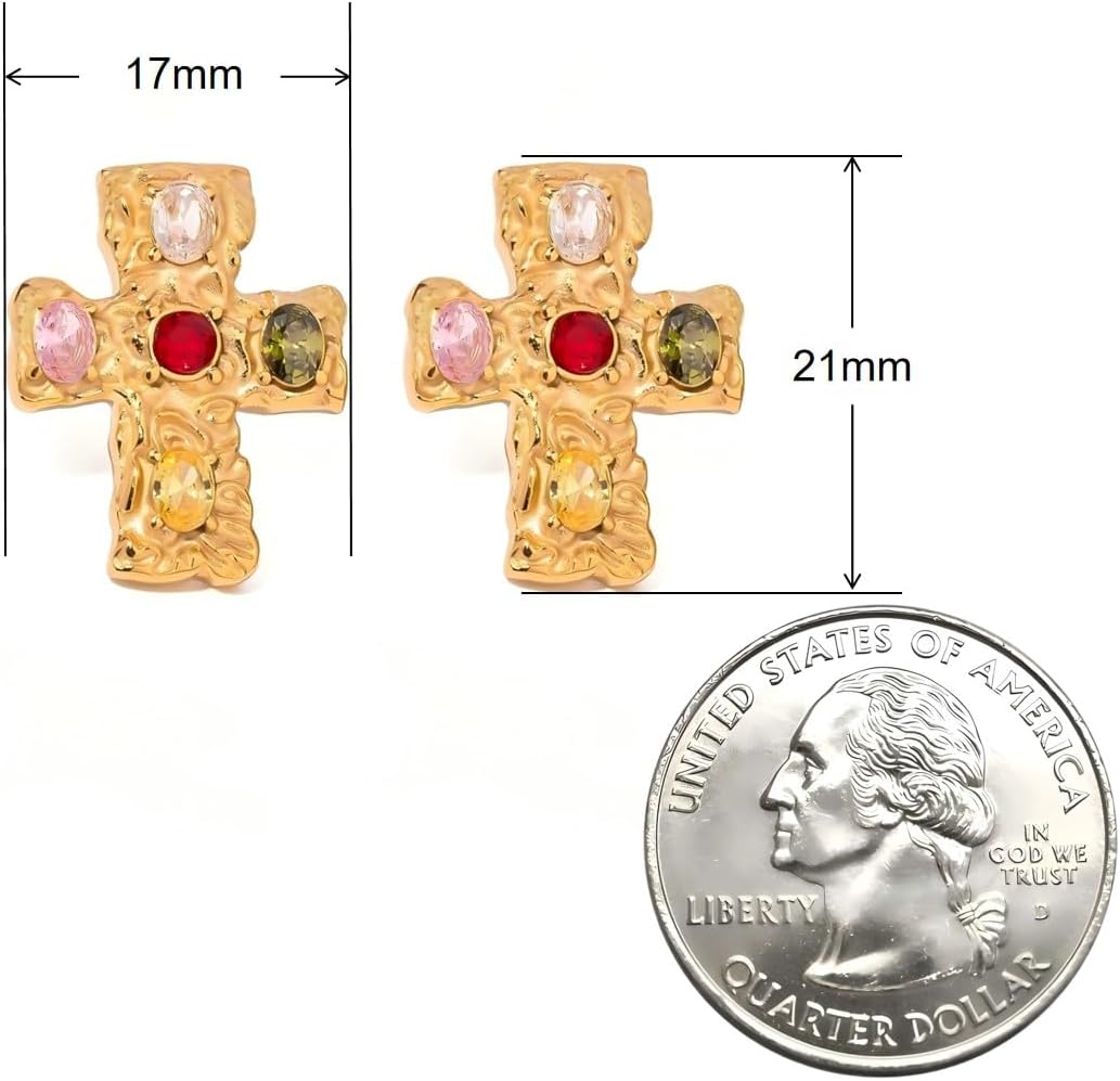 18K Gold Plated Cubic Zirconia Cross Stud Earrings, Hypoallergenic Lightweight Faith Jewelry for Women