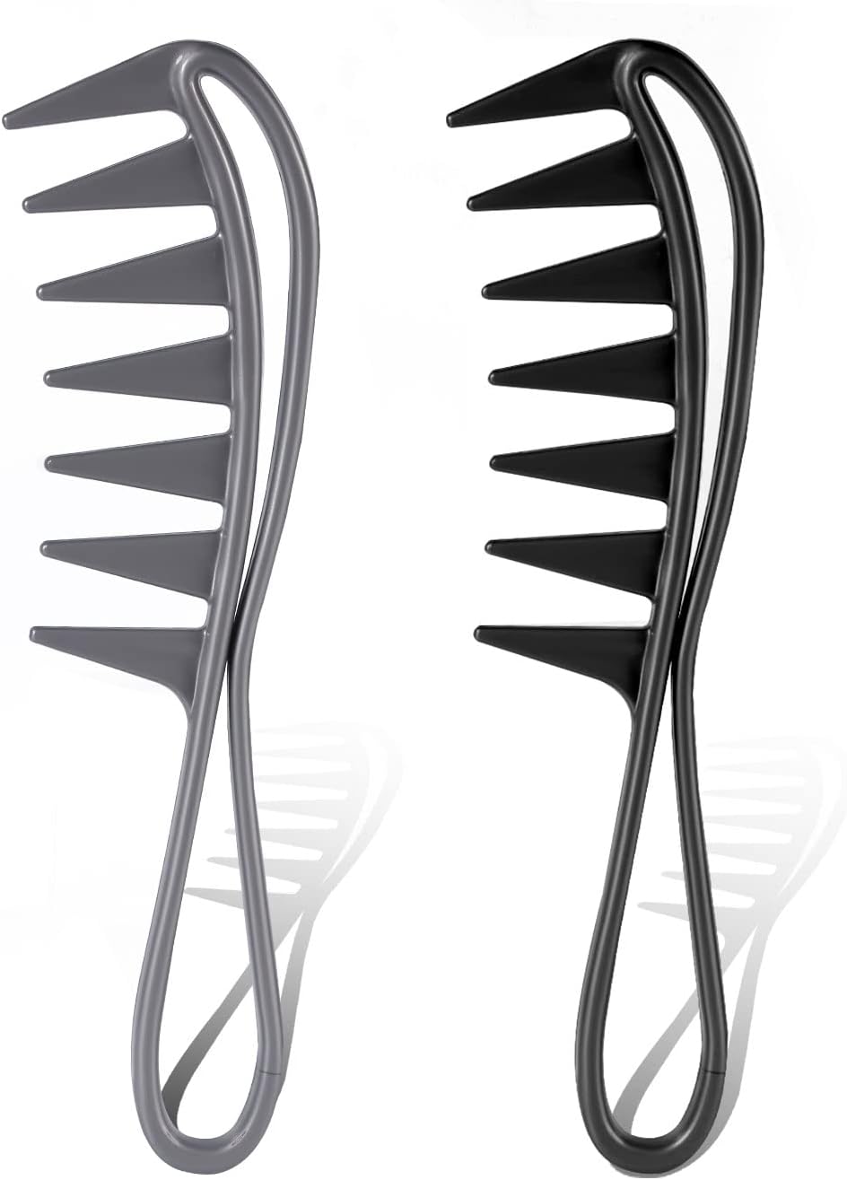 2Pcs Wide Tooth Comb, Large Tooth Combs Wide Tooth Curl Comb Shark Teeth Hair Hairstyle Tool for Curly Wet Wavy Thick Hair Wigs Barber Salon, Women Men (Black, Grey)