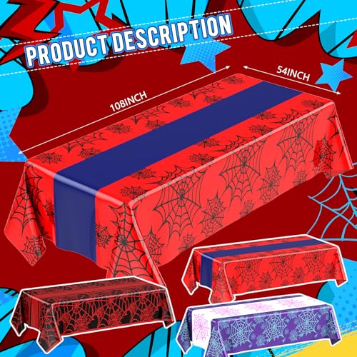 Image of Oudain 3 Pack Spider Theme Birthday Decorations Halloween Purple Black Red Green Pink Web Bat Tablecloth Cartoon Table Cover Party Favor for Birthday(Web,Purple, Black, Red)