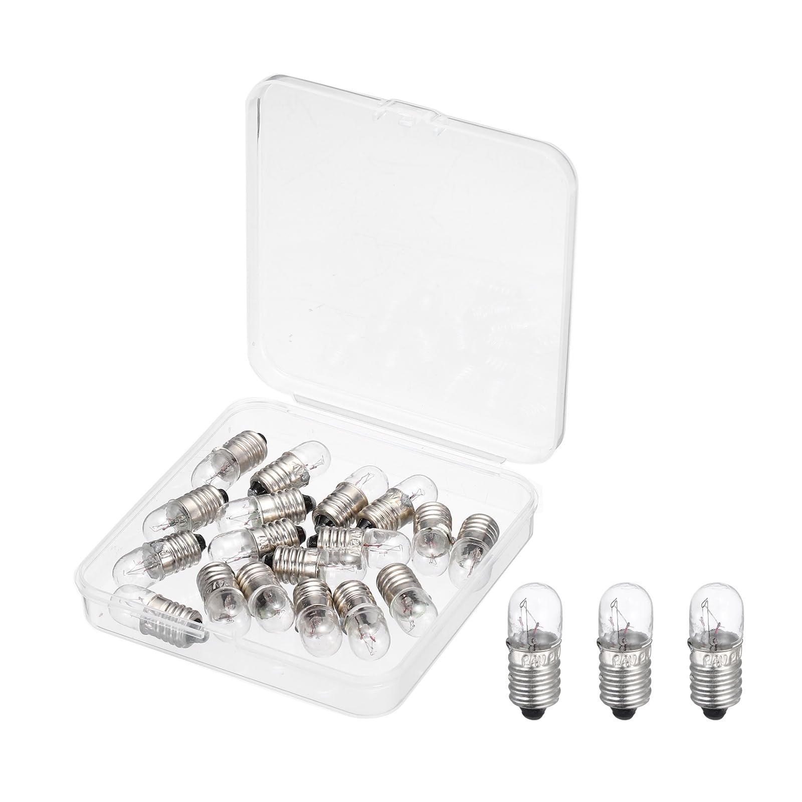sourcing map 18 Pcs E10 Miniature Screw Base Light Bulbs, 24V 0.08A Mini Light Bulbs Flashlight Replacement Lamp with Storage Box for Home DIY Circuit Electrical Experiment, Warm Yellow Light