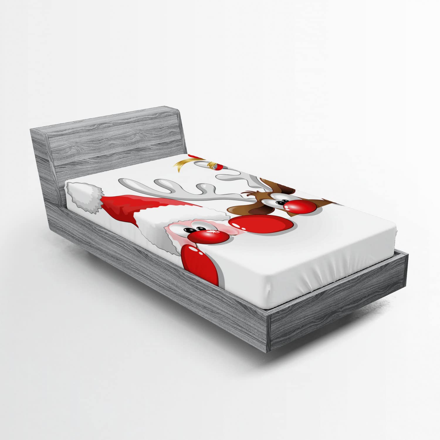 Ambesonne Christmas 2 Pack Fitted Sheet, Funny Santa Reindeer, Bed Cover All-Round Elastic Deep Pockets 2 Pieces, Package Contains 2 Twin Size Fitted Sheets, Vermilion Caramel