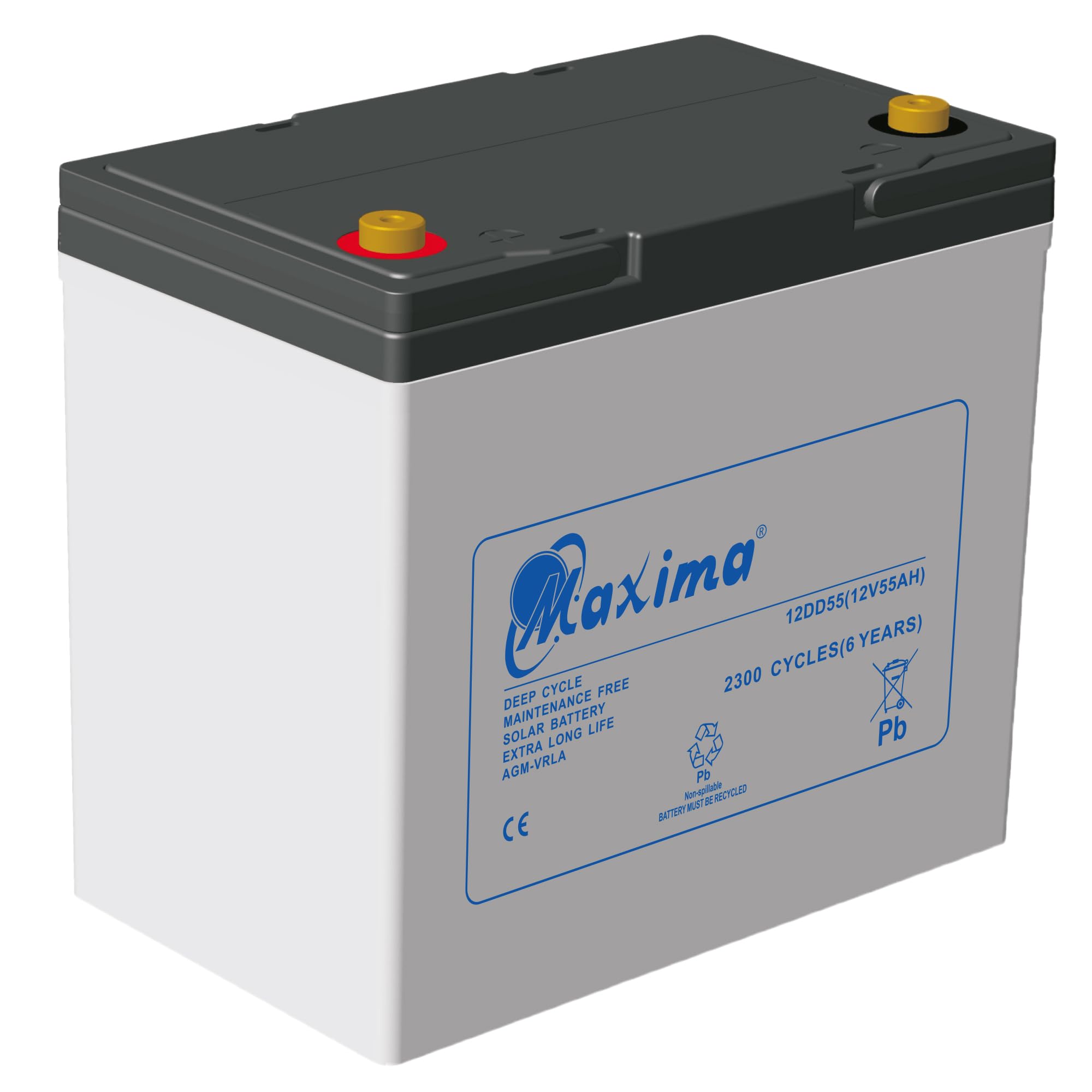 Maxima SolarAGM Battery 55Ah, AGM Battery 55Ah, Rechargeable Battery, Maintenance Free With High Performance AGM Technology, 12V/55Ah Deep Cycle AGM Battery