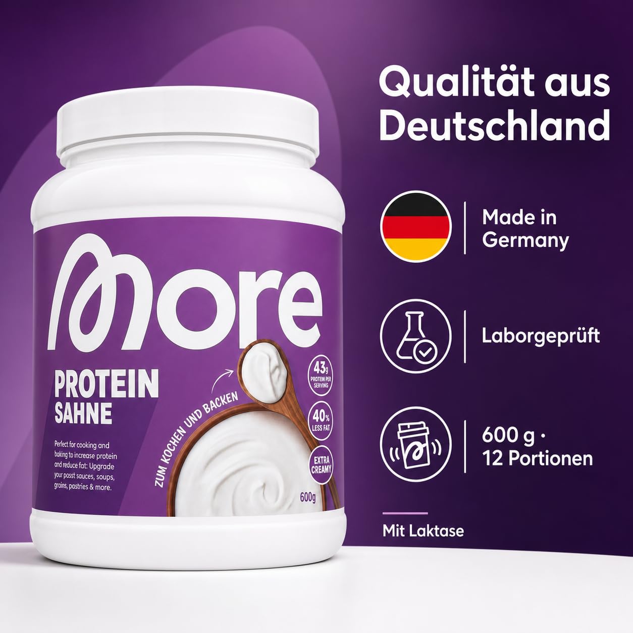MORE Protein Sahne, 600 g – Proteinpulver mit Whey & Casein zum Kochen und Backen+Heartglobal Versandschutz