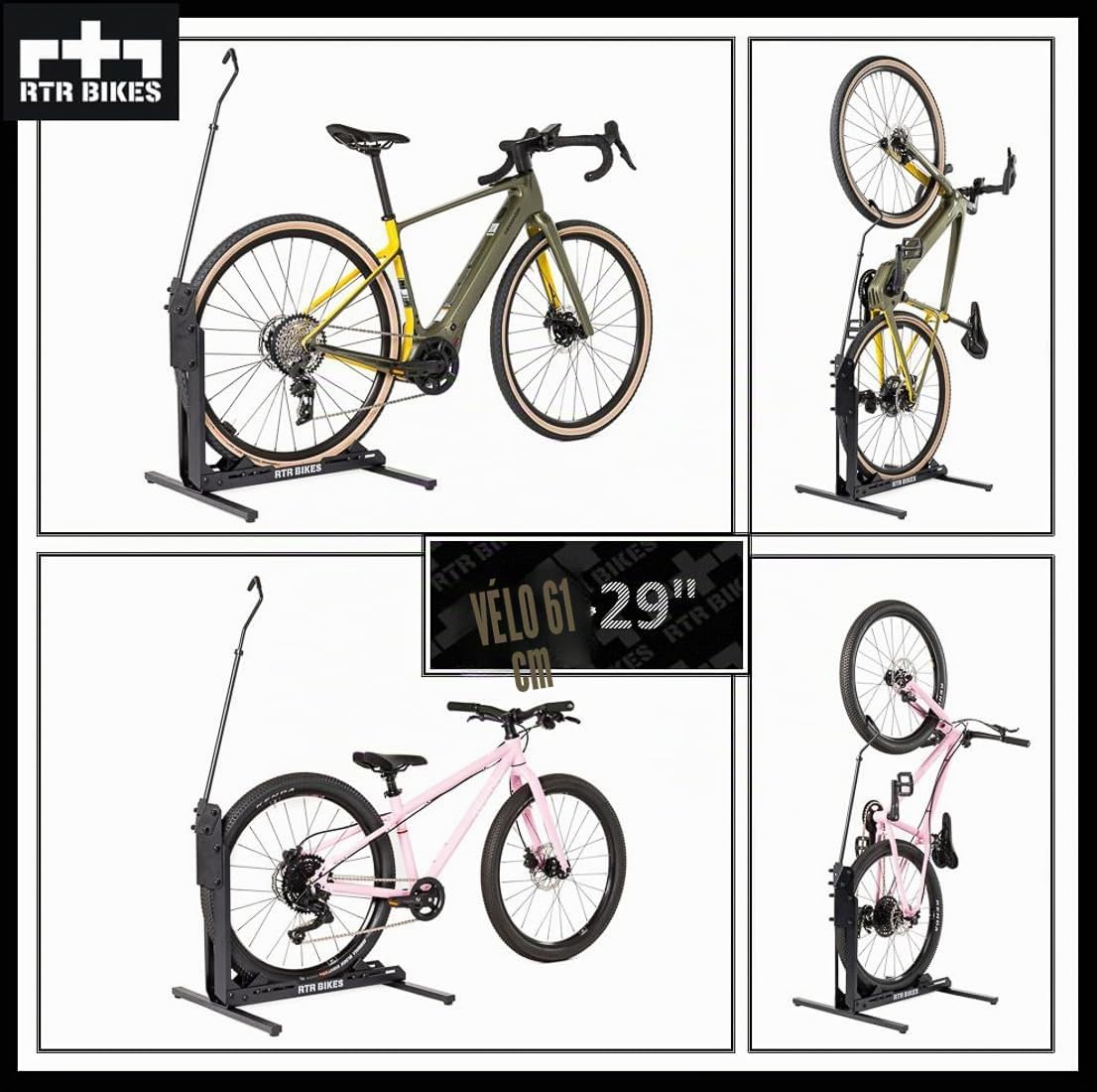 RTR BIKES Brutus Up Support Vélo Vertical et Horizontal – Râtelier Sol Gain de Place pour VAE et VTT jusqu'à 30kg – Compatible 24-29 Pouces & Pneus 3,5" – Fabriqué en UE