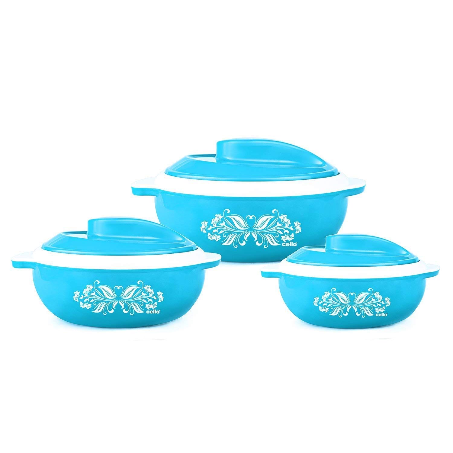 Cello Hot Serve Plastic Food Server 3Pcs Casserole Set | (17oz, 29oz, 51oz) | BPA Free | Durable, Break Resistant and Dishwasher Safe (Set of 3, Blue)