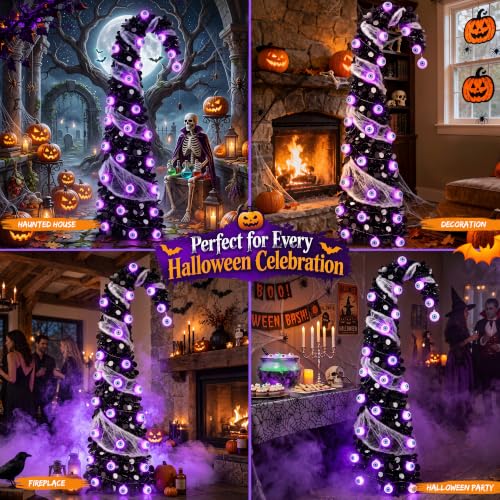 DTNESS 5FT Pop Up Halloween Tree with 35 Purple Eyeball Lights & Spider Web - image 5