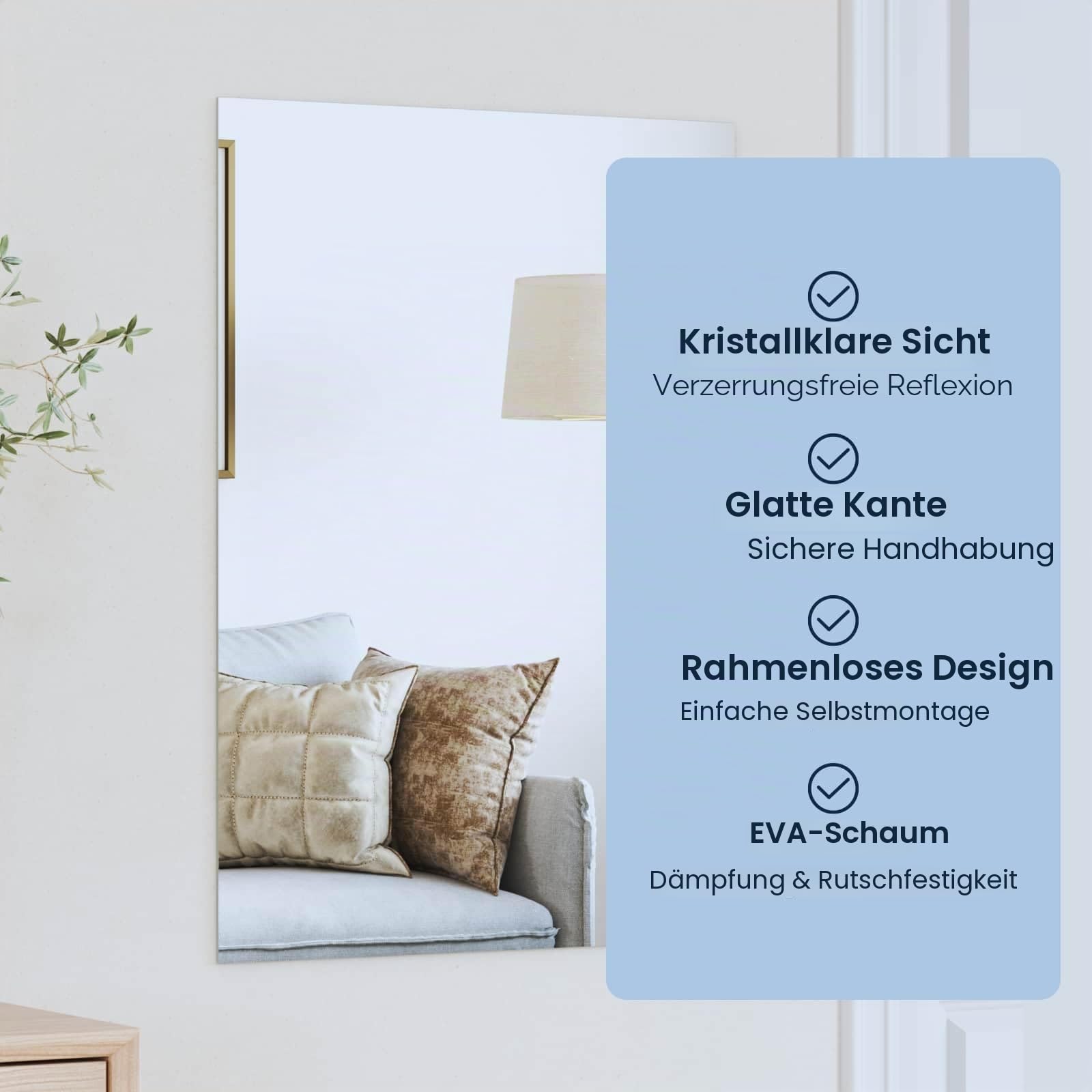 vidaXL Wandspiegel Rechtwinklig 100 x 60 cm Gehärtetes Glas, Moderner Badezimmerspiegel, eleganter Wandschmuck, rahmenloses, minimalistisches, reflektierendes Glas
