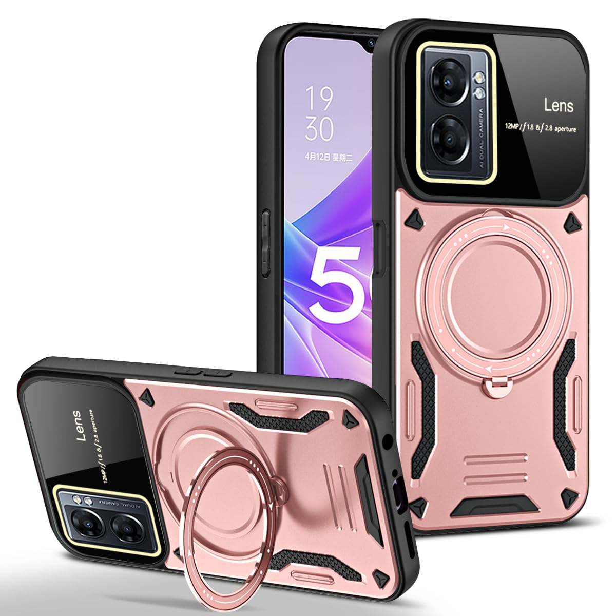 Case for Oppo A77 with Magnetic Attraction 360° Ring Stand Cover for Oppo A77 with Screen Camera Protector Hard PC TPU Case Pink