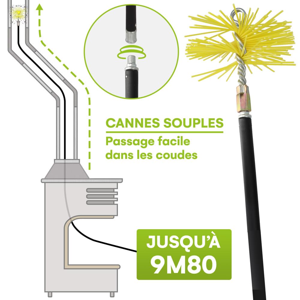 Kit ramonage cheminée - 12 pièces - Hérisson PVC - 7 cannes souples 1m40-2 brosses - Pelle - Conduit inox souple ou rigide - 15 cm
