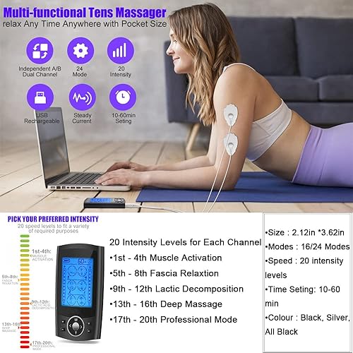 Miniatura 2 de TENS EMS Estimulador muscular, 24 modos de salida doble, puede controlar individualmente la fuerza del masaje para aliviar el dolor corporal,
