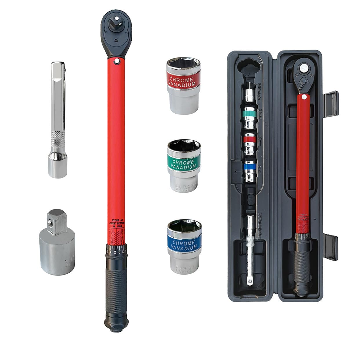 Llave Dinamométrica 1/2'' 20-230Nm, 6 Piezas con 125mm Extensión, Adaptador 1/2"-3/8", 3 Llaves, Reversible de 72 Dientes para Cambio de Neumáticos de Coche Moto Bicicleta