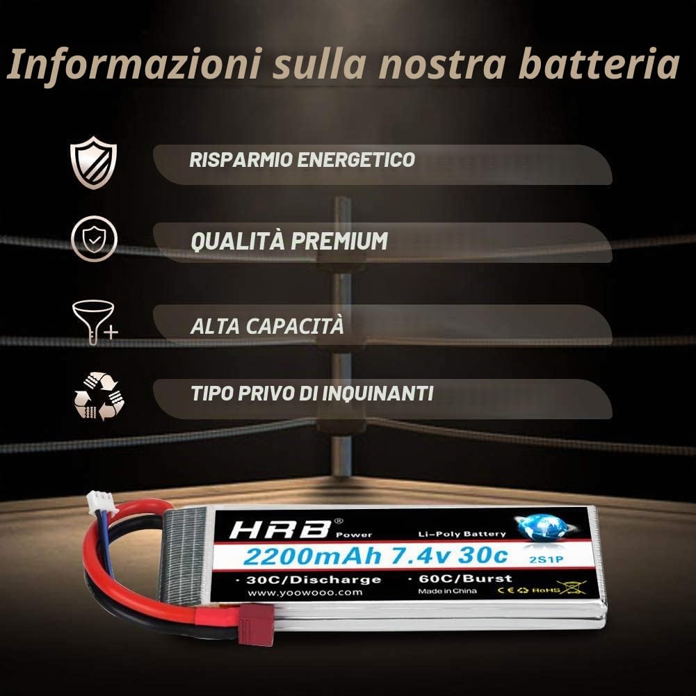 HRB 2PCS Batteria Lipo 2S 7.4V 2200mAh 30C con Deans T per RC elicottero aereo auto barca camion