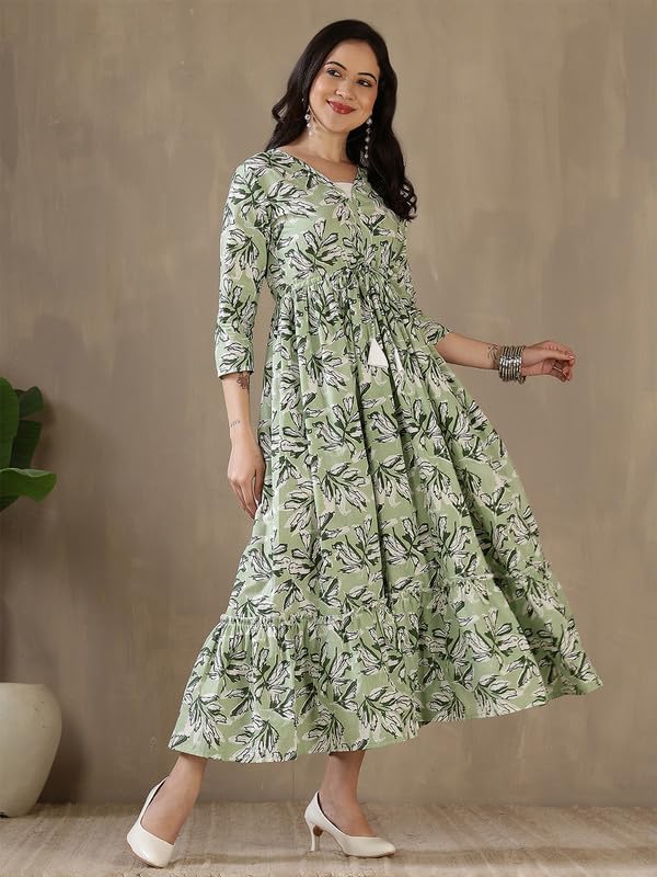 Image of Daevish Women's New Rayon Printed Tie-up Waist V Neck Flared Maxi Dress | Women Flared Dress
