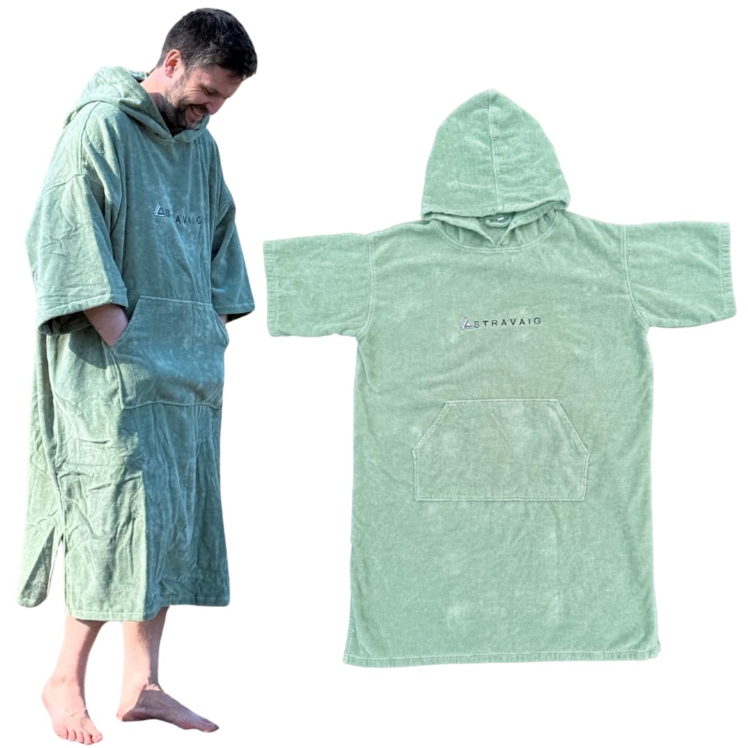 Stravaig Towelling Poncho for Adults and kids (350gsm) - Easy Changing Towelling Robe for Swim, Surf, Wild Swimming, Beach (Green, S-M)