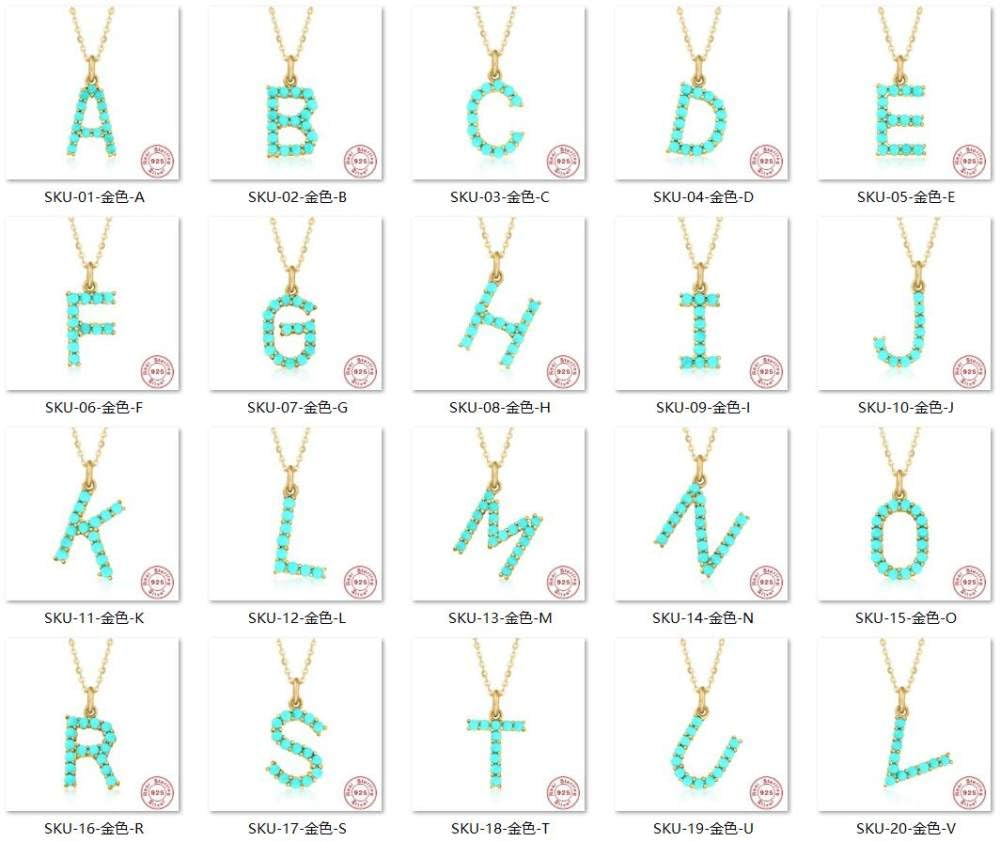 CFWSHJ Natürliche AZ 26 Buchstaben S925 Exquisite Türkis Initiale Elegante Alphabet Halskette Schmuck Für Frauen Mädchen ui