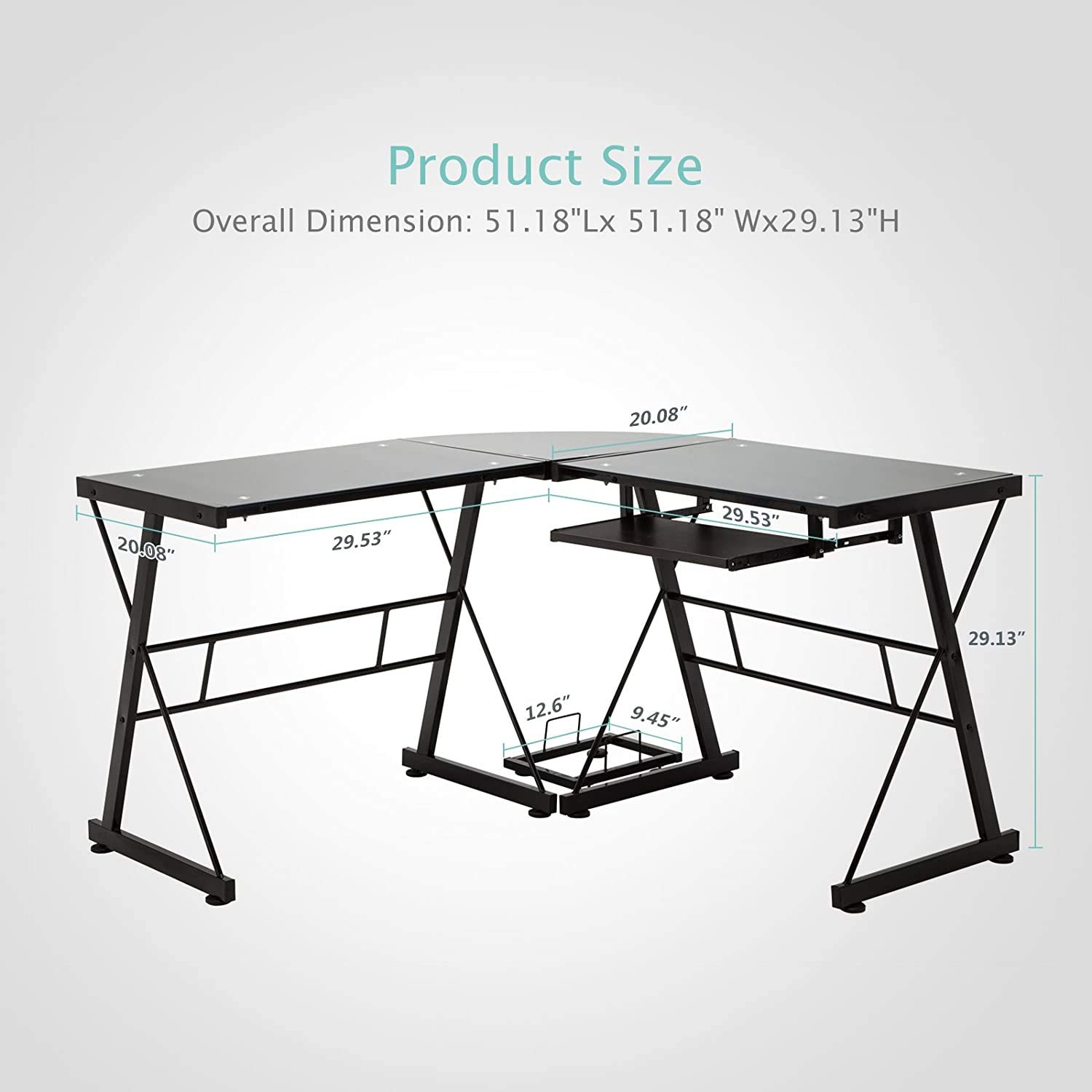 Mecor L Shaped Tempered Glass Computer Desk W/Keyboard Tray & CPU Stand