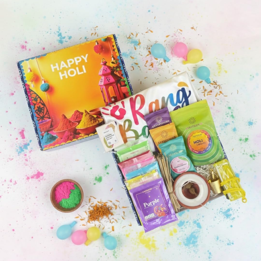 Giftana Holi Gift Set with Herbal Gulal Colors Pack of 6, Unisex Holi T-Shirt, Laddu Gopal Pichkari Balti Set,Thandai Premix, Holi Chiwda, Paan Shots, Mukhwas, Mobile Pouch Hamper for Family, Friends & Holi Celebration Gift Box