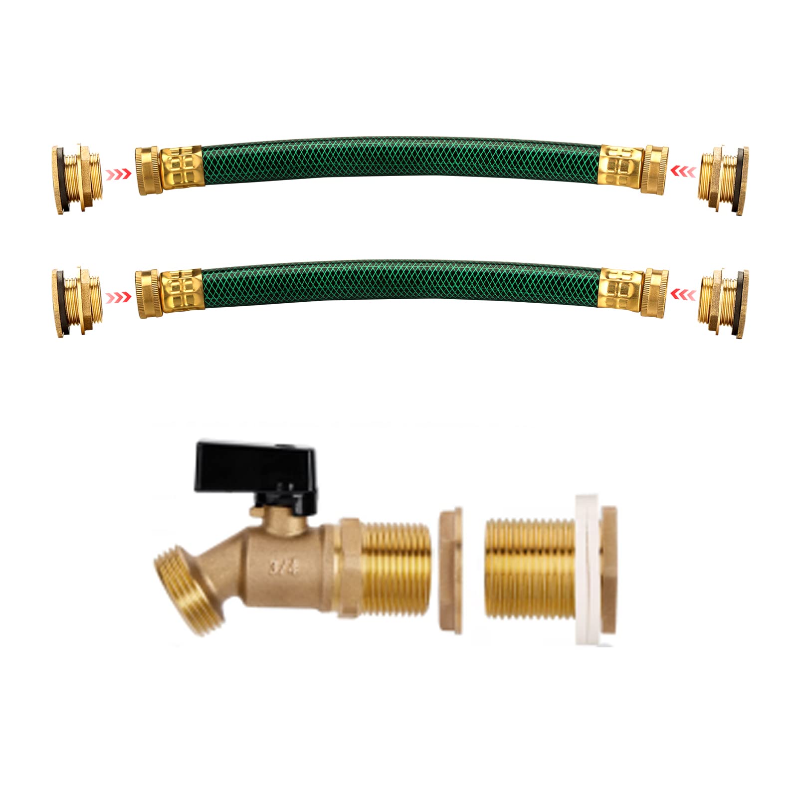 WADEO Water Butt Connector Kit & Tap, Brass Water Butts & Barrels Connector Kit with 2 Tubes, Dual-Use Water Butts Accessories for Rain Collecting