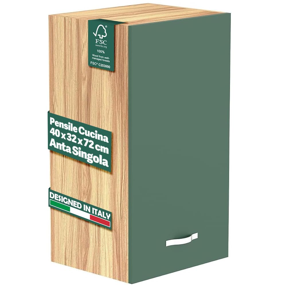 Shally Dogan Pensile da Cucina Componibile a Parete, Armadio Sospeso in Legno con Anta Ripiano e Scomparti, Armadietto da Muro Spazioso e Resistente, Colore Verde (Anta Singola)
