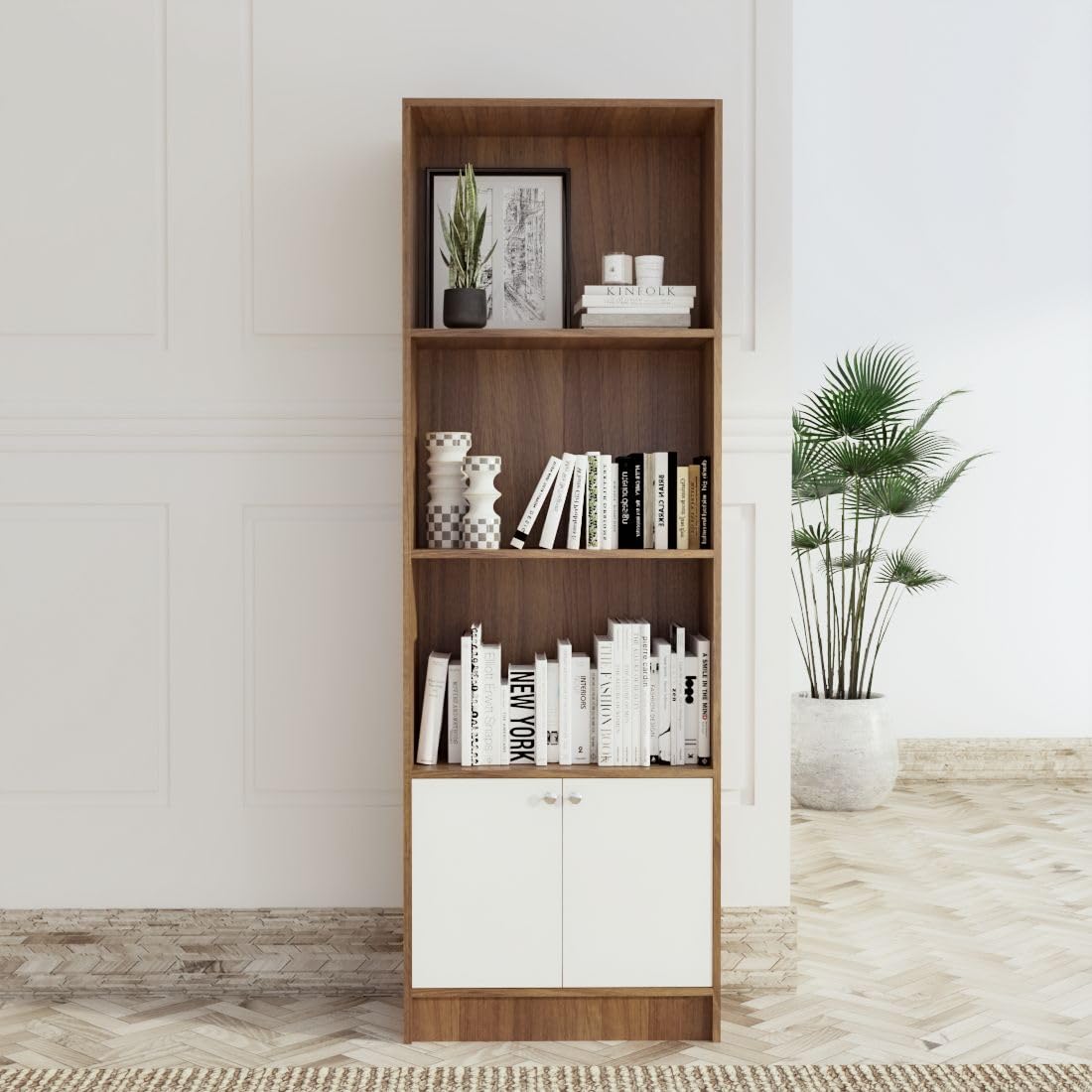neudot hugo engineered wood bookshelf without drawer| display unit | multi purpose storage unit for kitchen, living room, bedroom | open & closed | leon teak & white finish