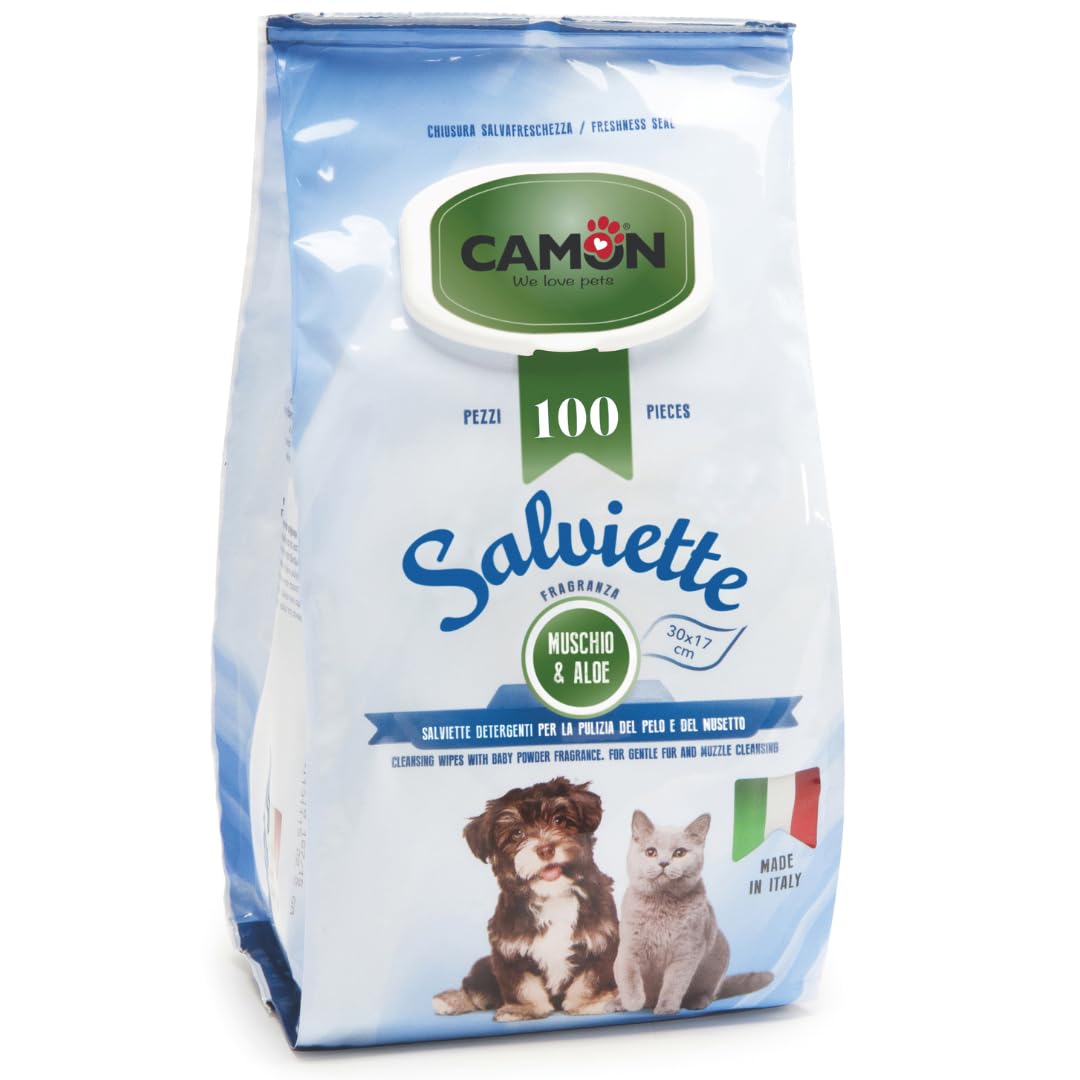 CAMON | Salviette Detergenti per Cani e Gatti, 30x17 cm, Confezione da 100 Pezzi, Fragranza Muschio e Aloe, Senza Alcool etilico né Parabeni, Made in Italy