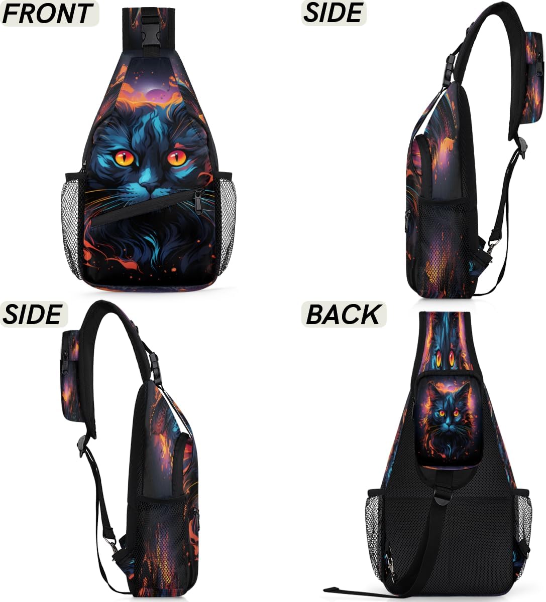 Retro Black Cat Crossbody Sling Backpack Sling Bag, Small Chest Bag Daypack Fanny Pack Cross Body Bag for Hiking Traveling Outdoors, Cat