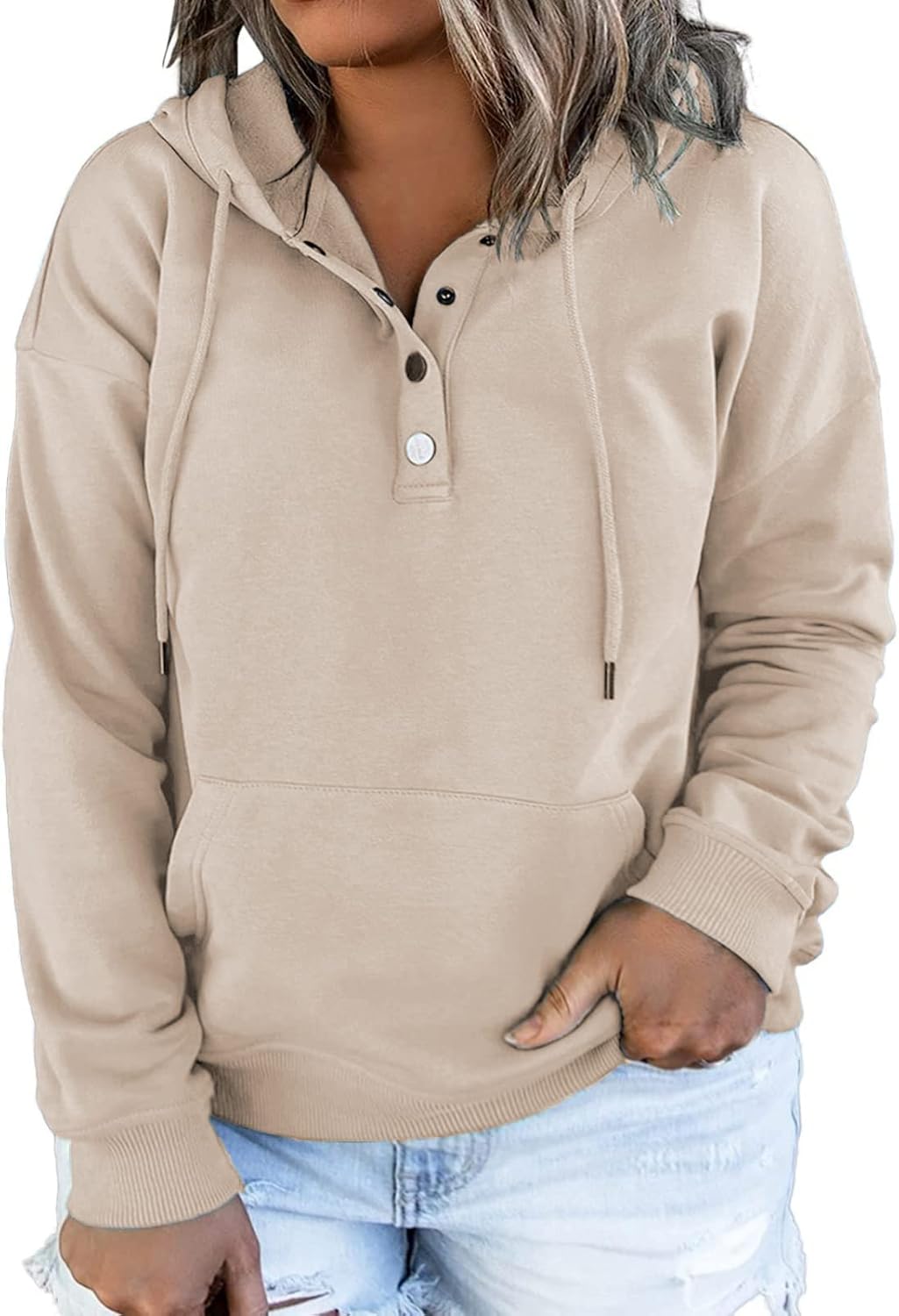 VISLILY Women’s-Plus-Size-Hoodies Buttons Collar Hooded Sweatshirts Drawstring Pullover Tops with Kangaroo Pocket XL-4XL