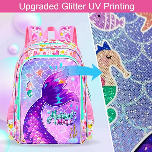 Image of 3Pcs Mermaid Backpack for Girls, 16 inch Kids Bookbag Set with Lunch Box，School Backpacks for Elementary Preschool Kindergarten (Pink)