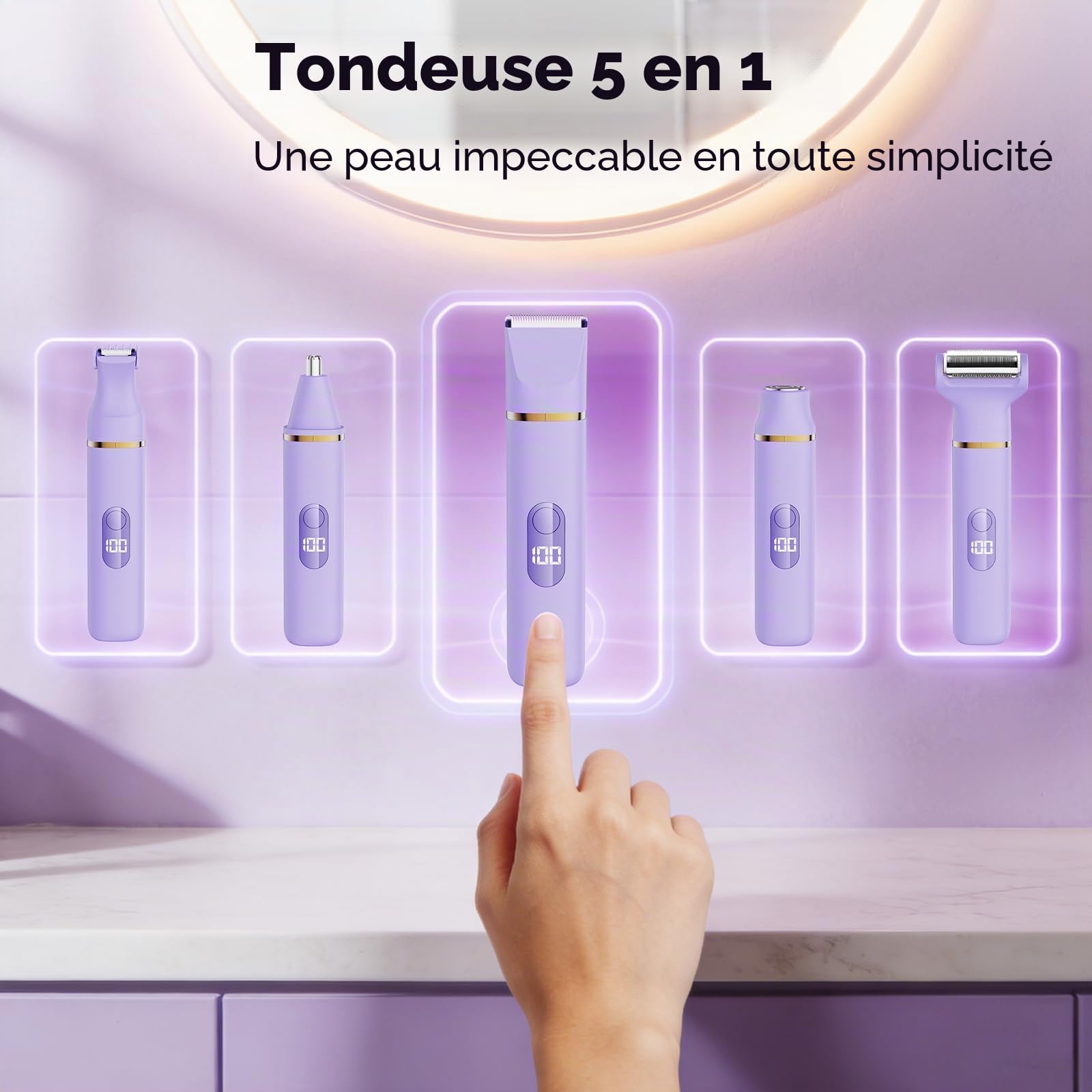 5 en 1 Rasoir Electrique Femme, Tondeuse Maillot humide/sèche, étanche IPX7, Tondeuse Femme Intime pour le visage, les aisselles, les jambes, les bras et le maillot (Violet)