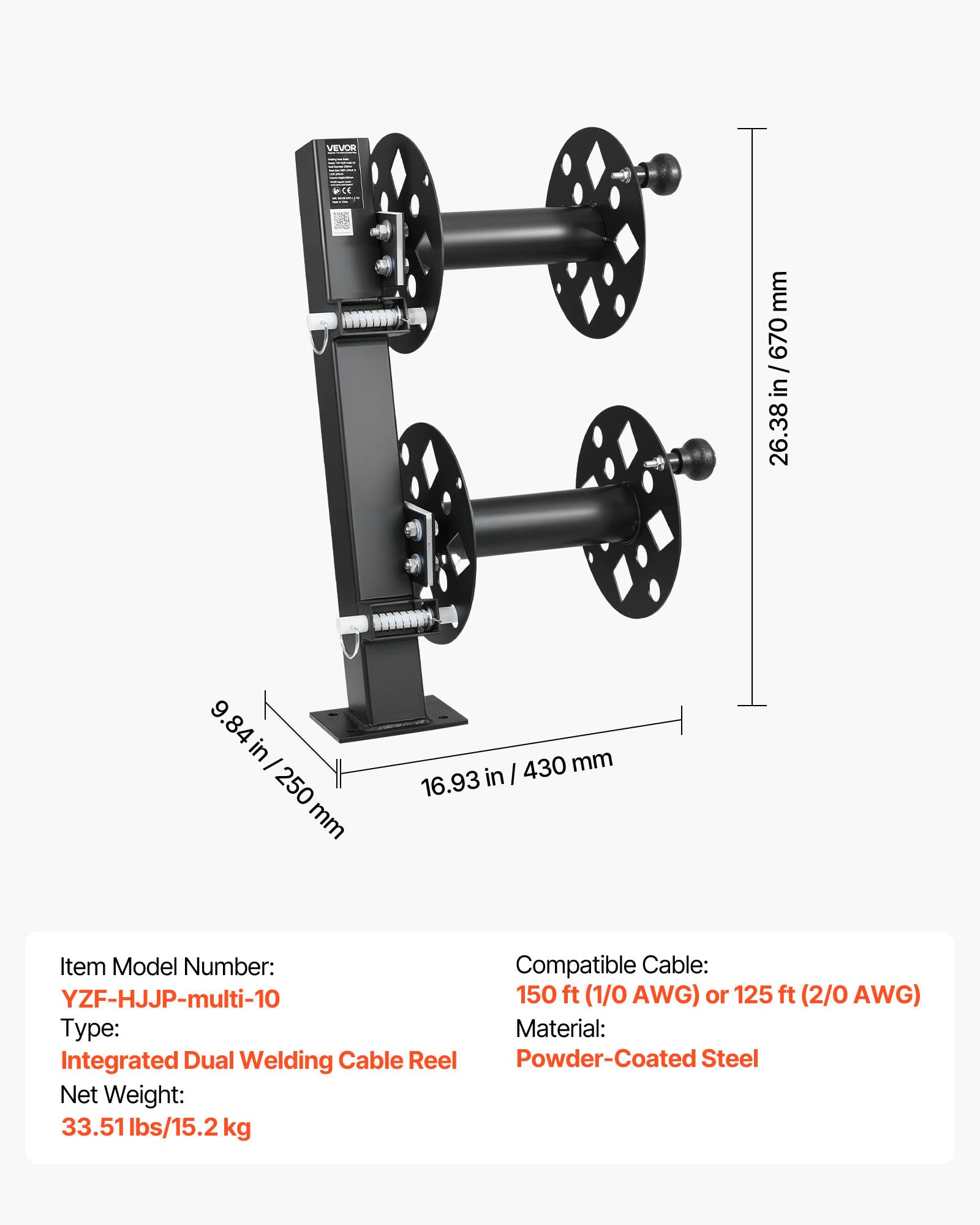 VEVOR Carrete de Cable de Soldadura Doble, Enrollador de Manguera de Acero para 45,7 m (50 mm²) y 38 m (70 mm²), con Pasador de Bloqueo para Camiones de Servicio, Mantenimiento de Flotas y Obras
