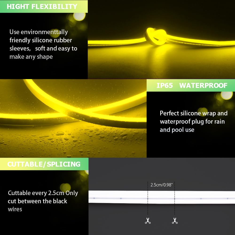 OWOFYDR Neon Light Strip 16.4FT/5M- Bright, Non-Glaring & Waterproof Neon Rope Lights for Indoor & Outdoor Decor,?No Power Adapter? Yellow,neon led Strip Lights