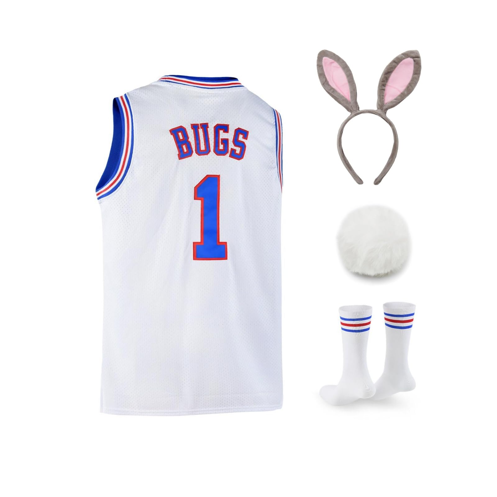 Bugs 1 Space Men's Movie Jersey Basketball Jersey with Head Hoop & Socks White S-XXL