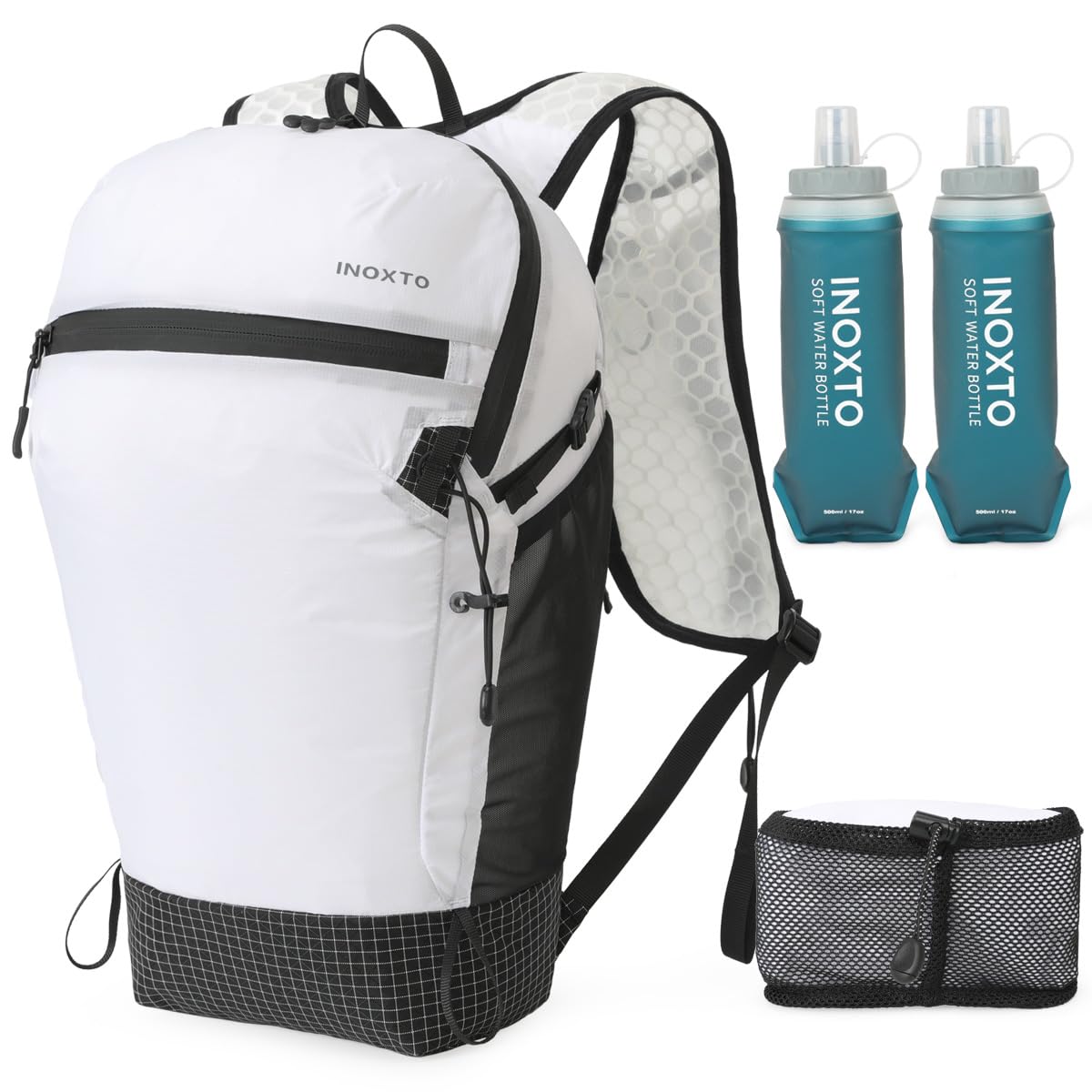 Foldable Hydration Backpack with Two 500ML Flasks, 15L Lightweight Hiking Daypack, Waterproof Hydration Packs for Men and Women, Outdoor Hiking Travel and Running(White)