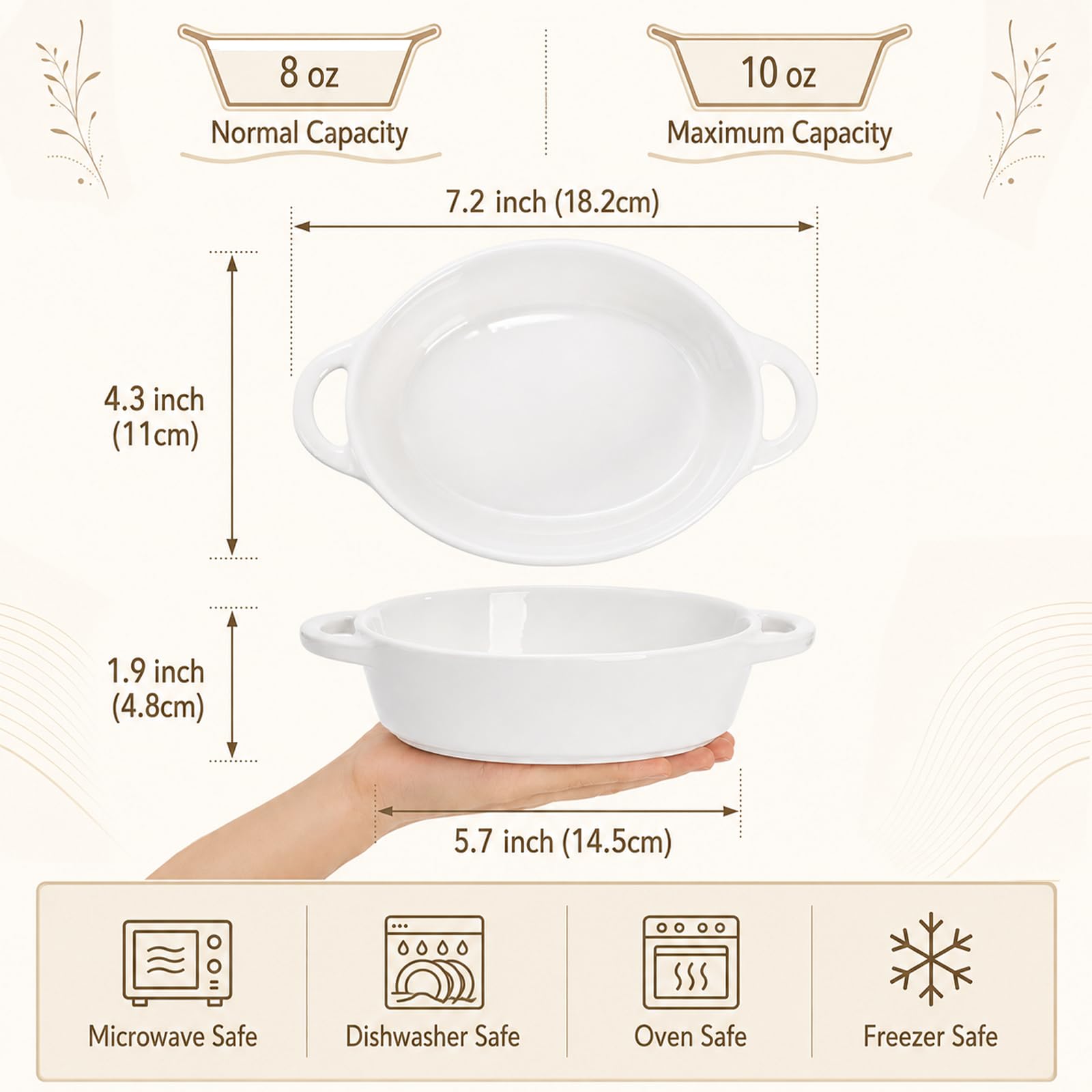 Foraineam Paquete de 6 ramequines de porcelana, 10 onzas, ovalados, de cerámica, para crema, brulee, soufflé, para hornear, ramequín con asas dobles