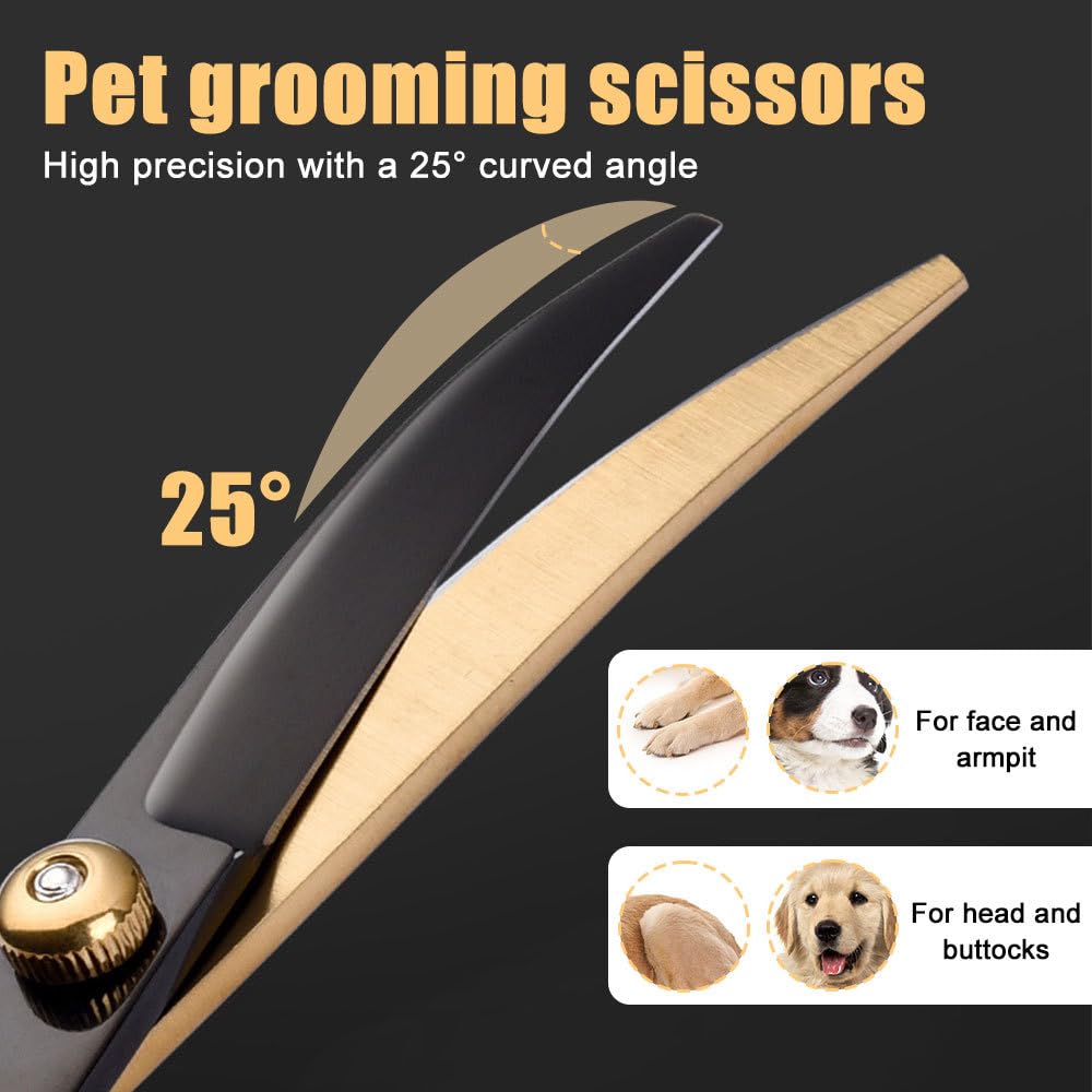 Hundepflege Schere Set, 7-in-1 Tierpflegeschere aus Edelstahl mit Runden Sicherheitsspitzen, Hundeschere Fellschere, Gebogene Katzen Trimmschere für Katzen und Hunde