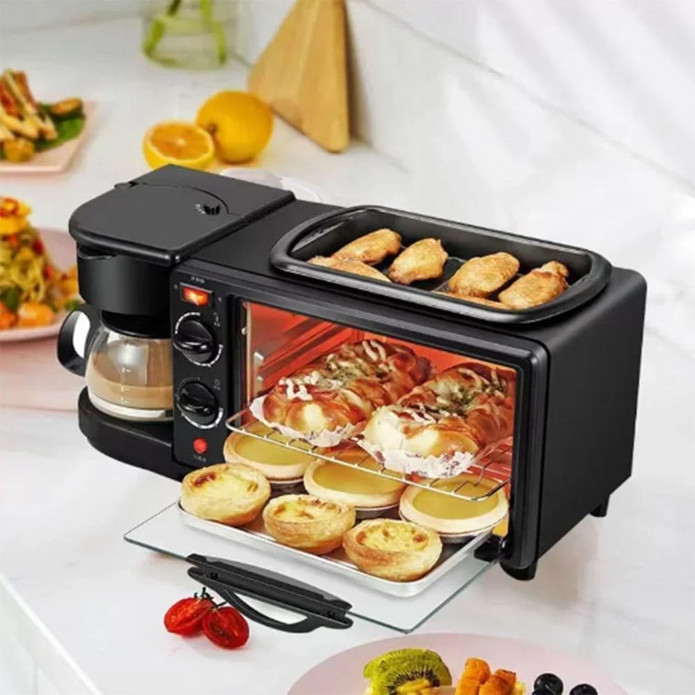 3-in-1 Breakfast Maker Station,Portable Oven Breakfast Maker with Coffee Machine,Non-Stick Pan,Versatile Breakfast Maker, Toaster Oven with 30-Min Timer,for Apartments Kitchenettes