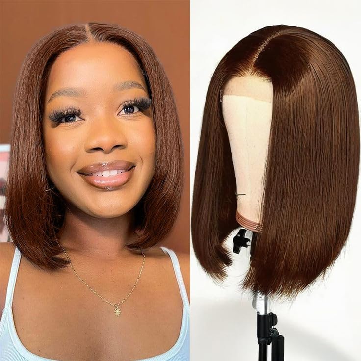 4x4 Lace Frontal Straight Bob Wig Human Hair Brasileña Encaje Free Part Pelo Humano Peluca Mujer Brasileña Natural Peluca Humano Pelo Short Corto Liso Color 8 Pulgadas Chocolate Brown#